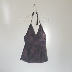 Women's EXPRESS V-Neck Sleeveless Halter Silk Plaid Purple Top Sz M EUC